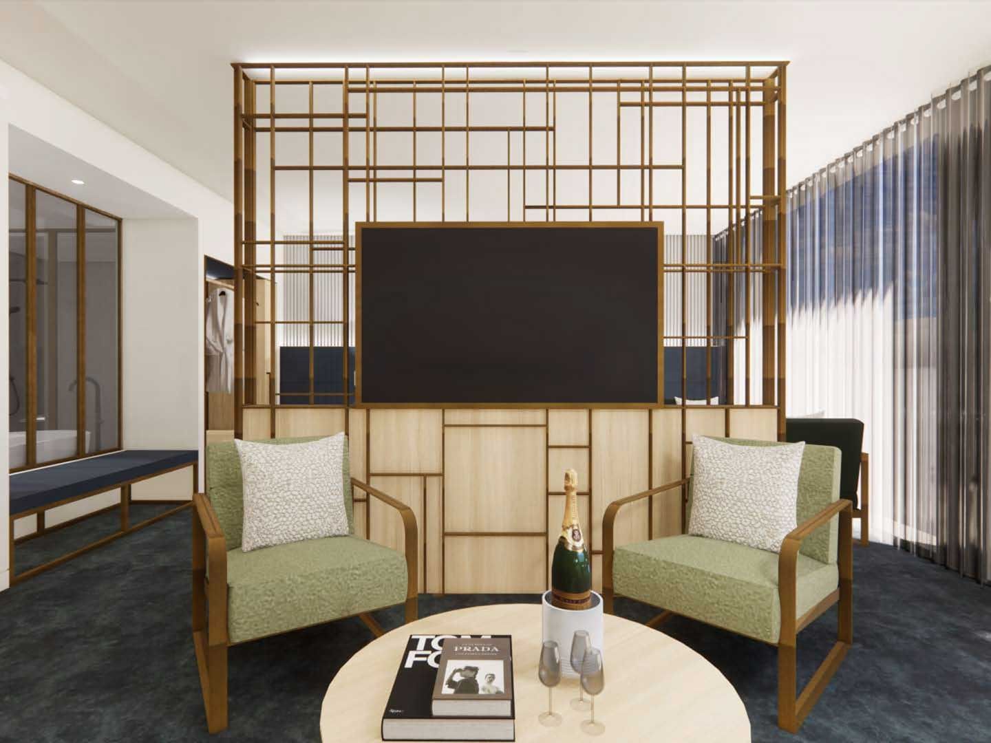 The harmony suite room featuring comfy chairs, a table and a television at hotel Encore by Mingara