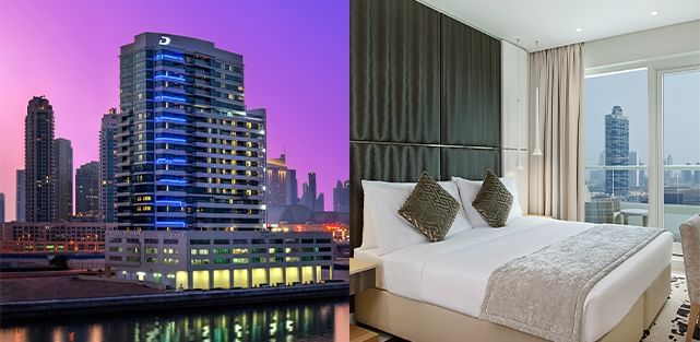 Split image with exterior view of DAMAC Maison Canal Views and bedroom interior
