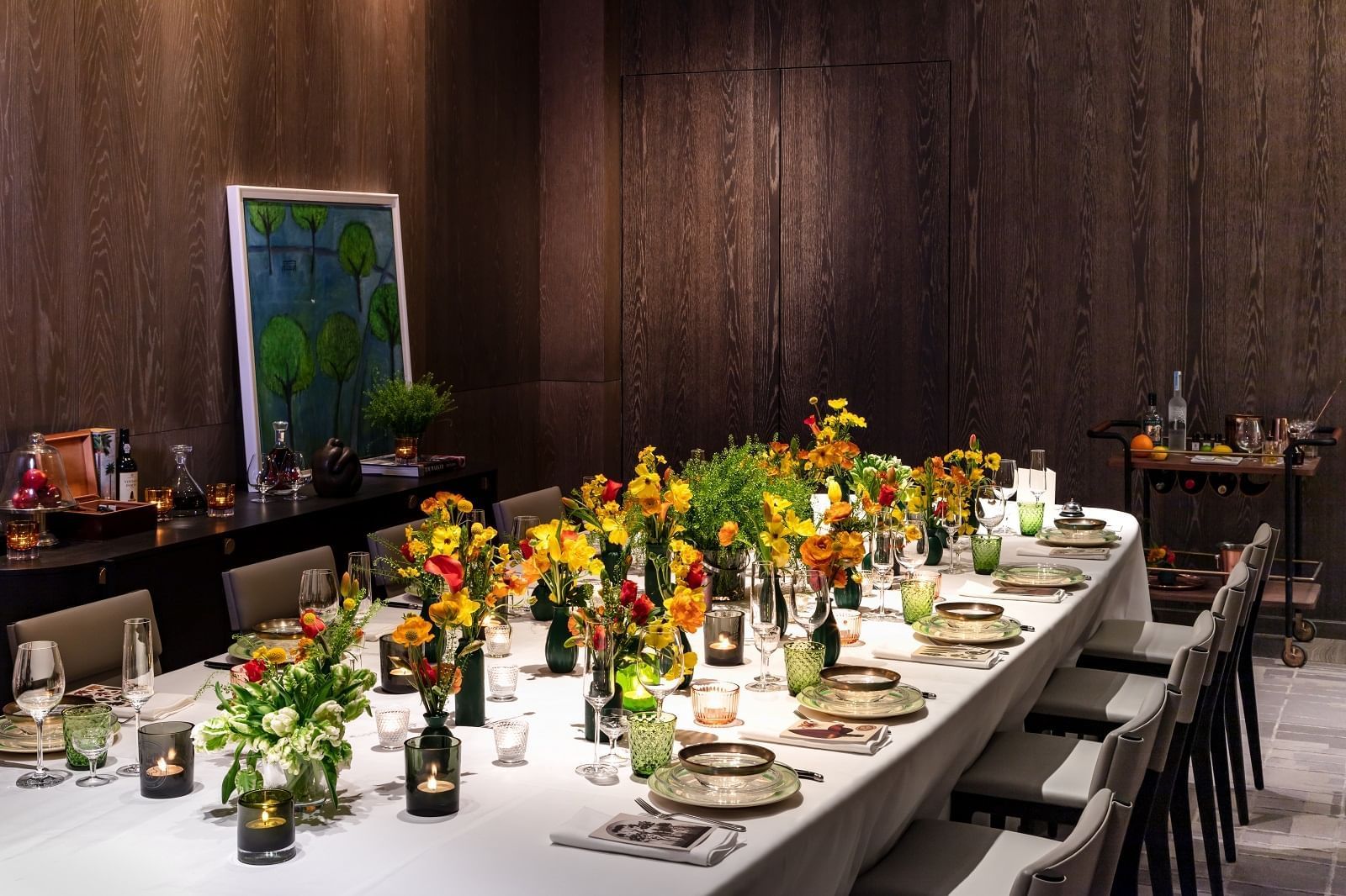 A table setup for a reception held at The Londoner Hotel