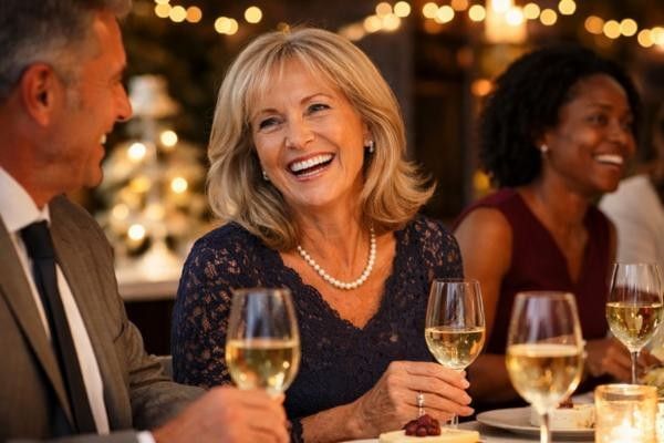 Women laughing with colleagues at formal dinner, a great retirement party theme