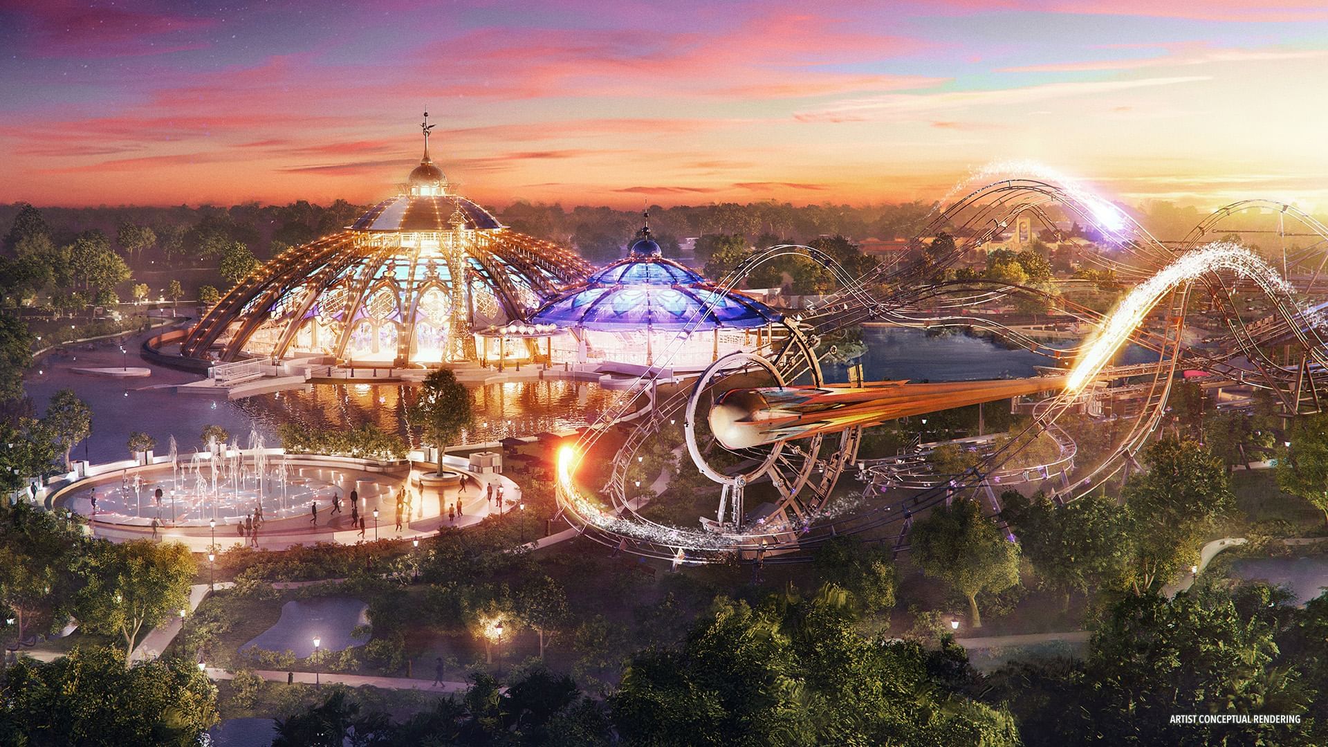 a colorful amusement park at sunset with a roller coaster and large domed structures
