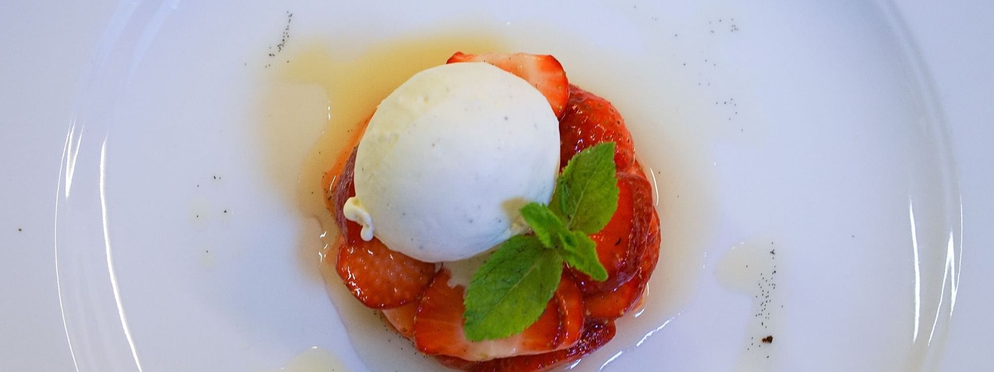 Close-up on a Strawberry Ice cream dish served in a restaurant at Warwick Brussels
