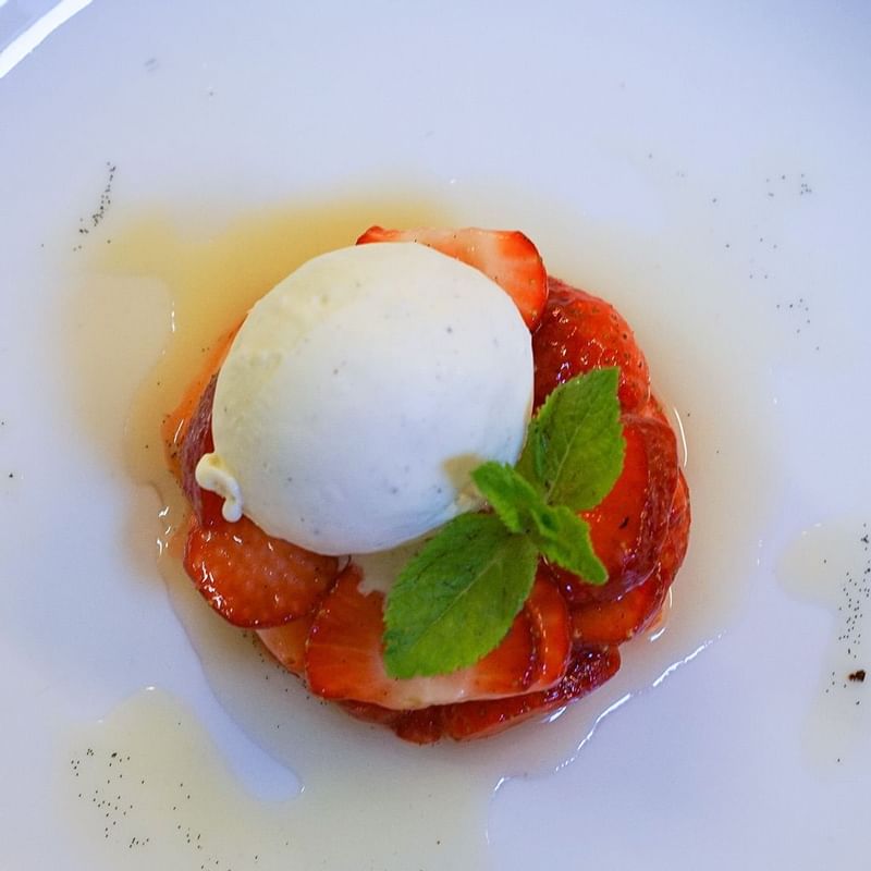 Close-up on a Strawberry Ice cream dish served in a restaurant at Warwick Brussels