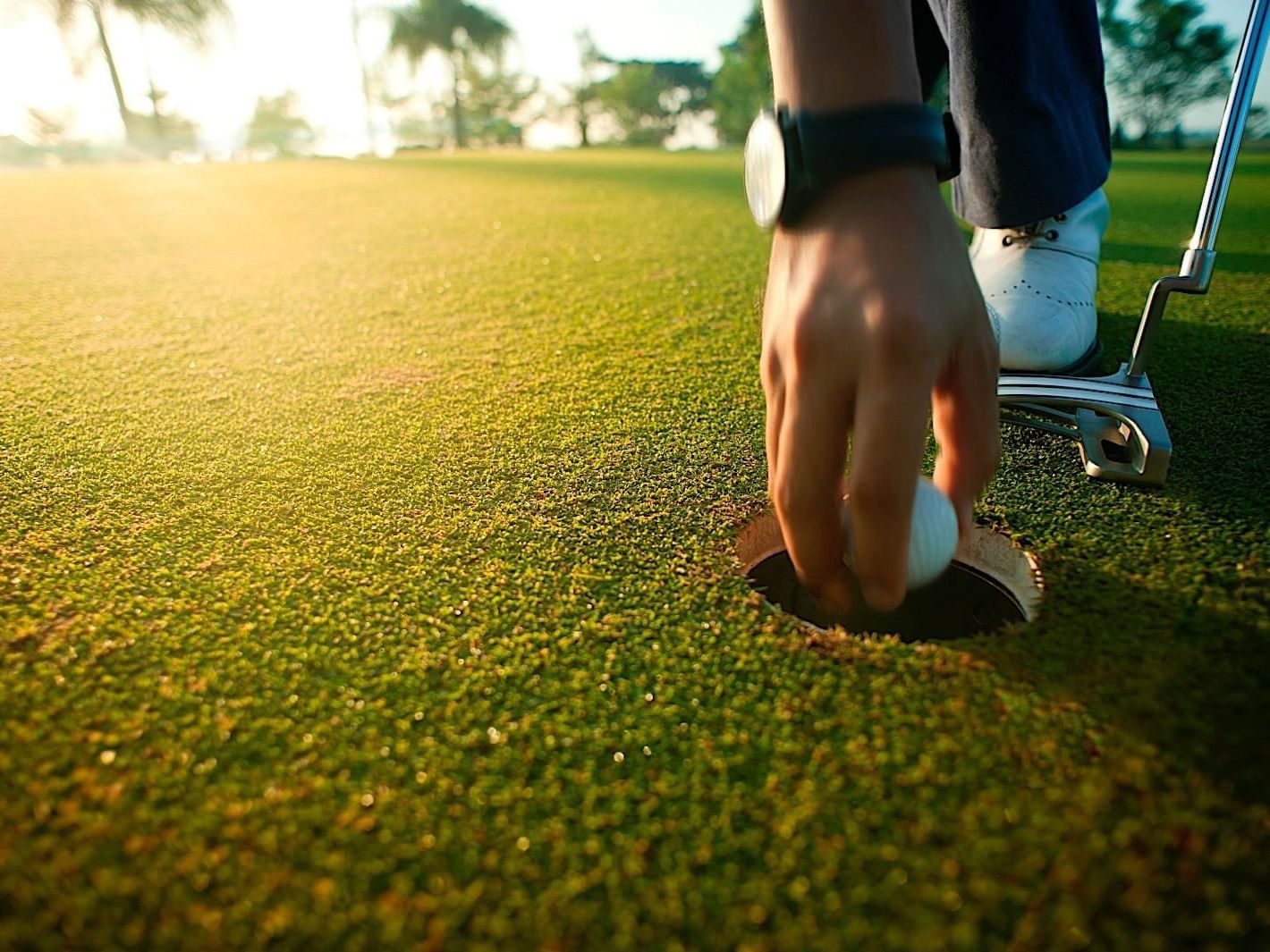 Man picks up a golf ball at Casa Colonial Beach and Spa