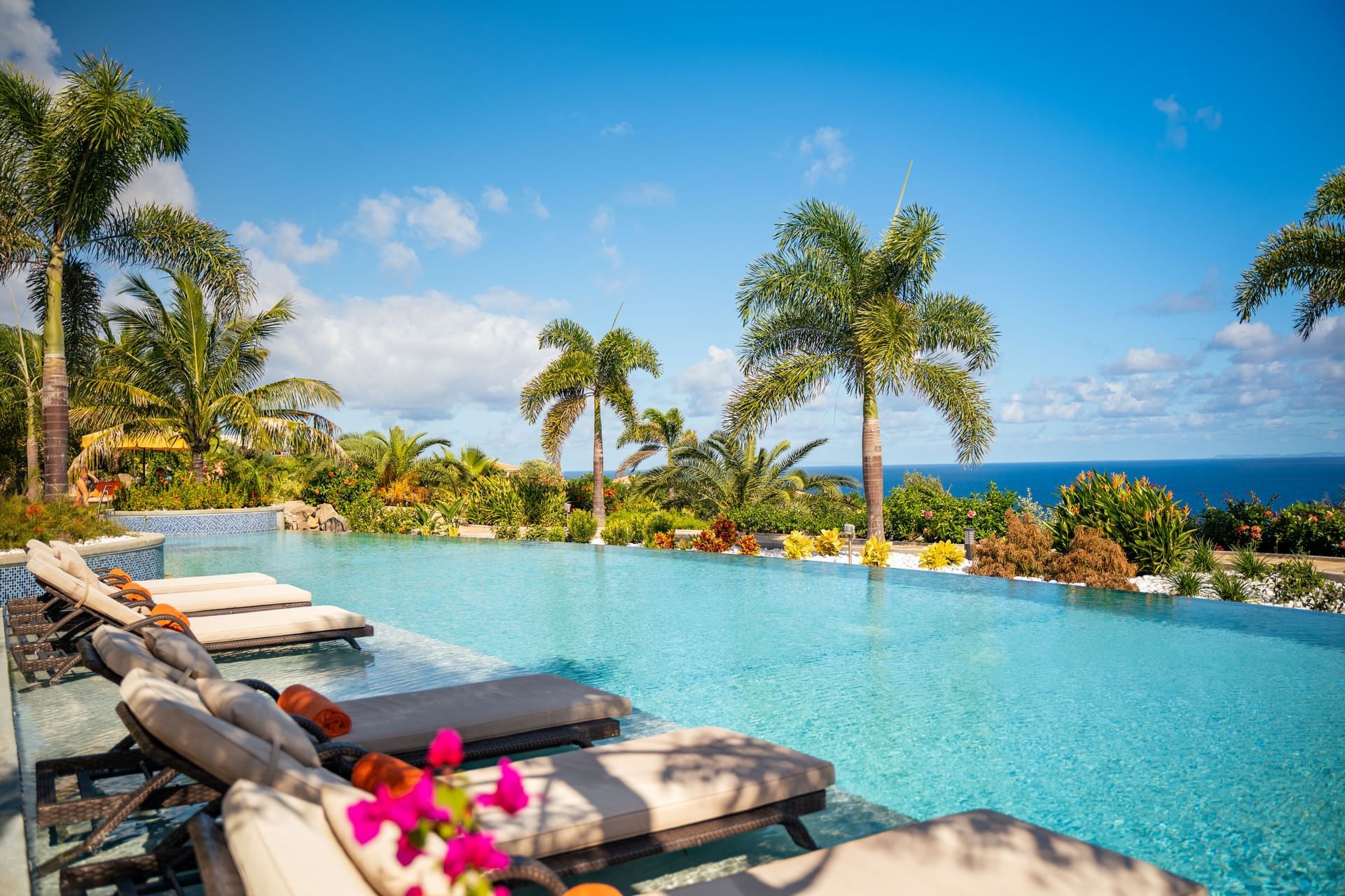 Hummingbird pool surrounded by lush palm trees and colorful flowers, with lounge chairs at Golden Rock Resort