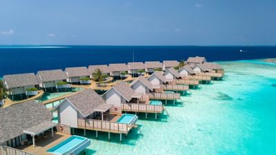 Water Pool Villas at Ananea Madivaru Maldives with pools, surrounded by turquoise waters and blue skies