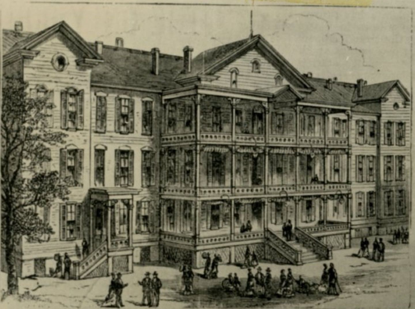 Vintage sketch of a grand hotel with people by the porch under a gabled roof at Arlington Resort Hotel & Spa