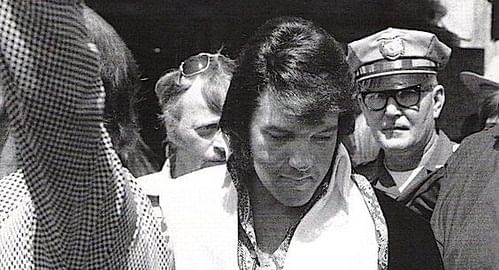 Black & white portrait of Elvis Presley at The Mayo Hotel