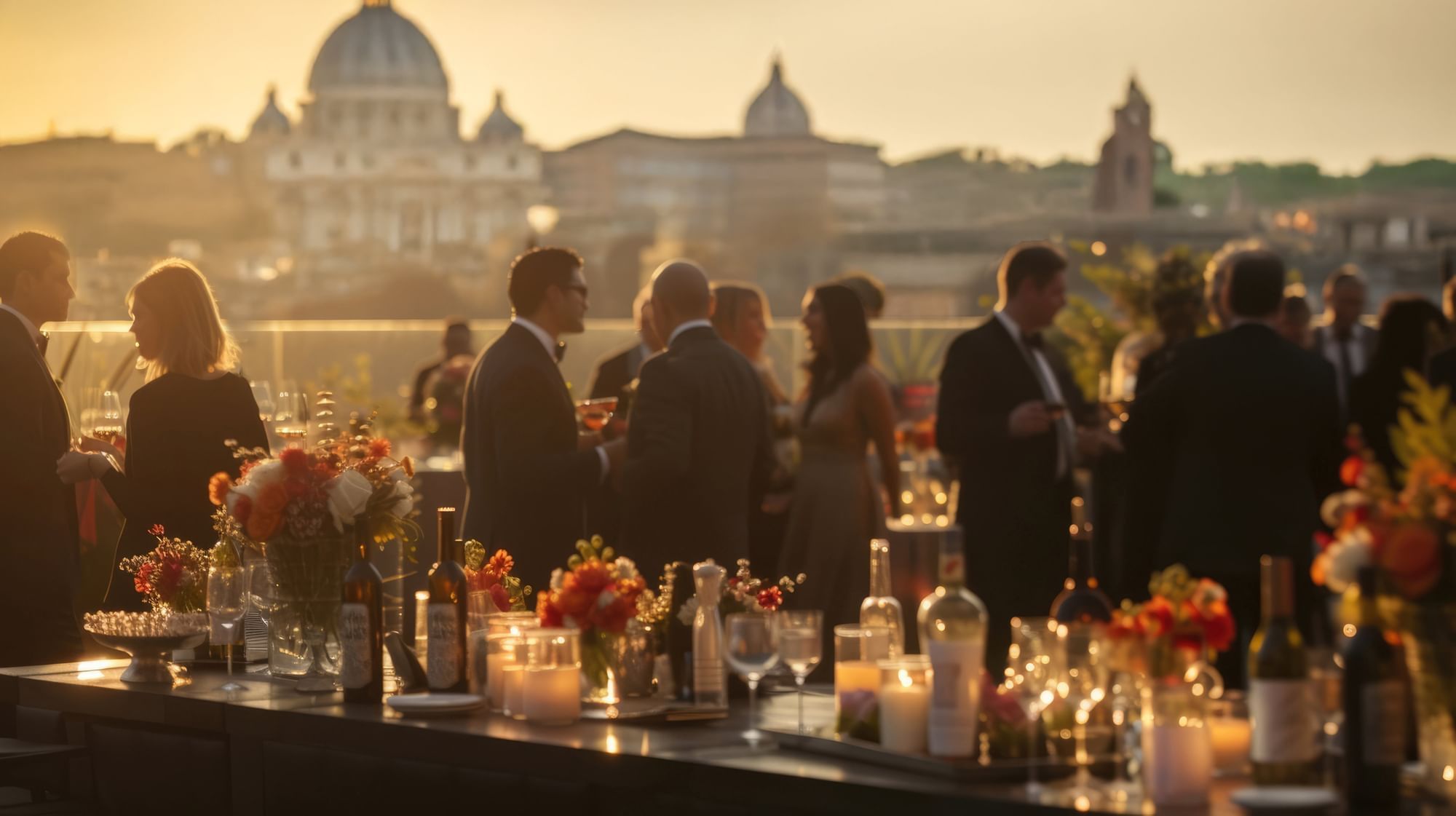 Elegant rooftop gathering during sunset with well-dressed guests, dining area, and scenic city views at AG Hotels
