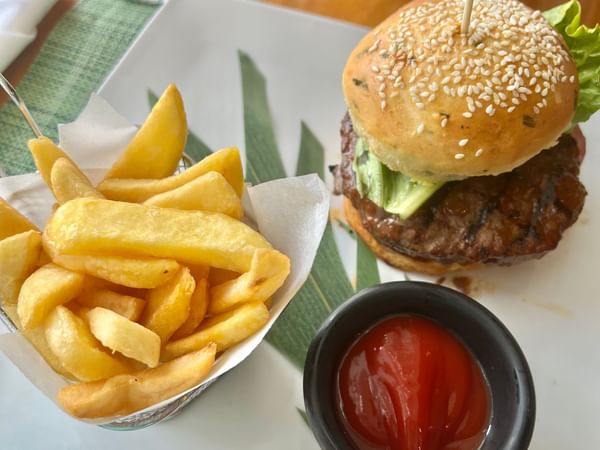 Burger meal in Calabash Beach Bistro at Bougainvillea Barbados