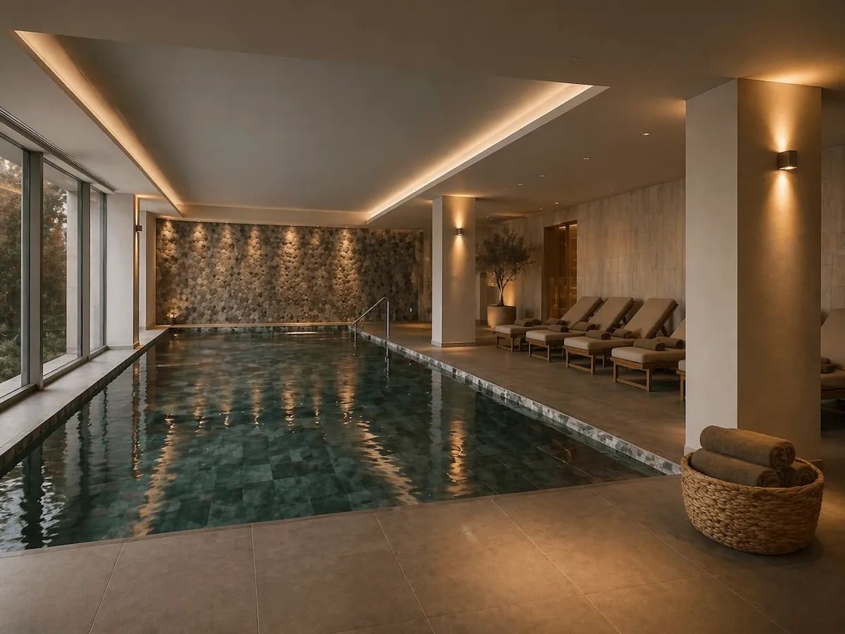 An indoor pool with warm evening light and loungers