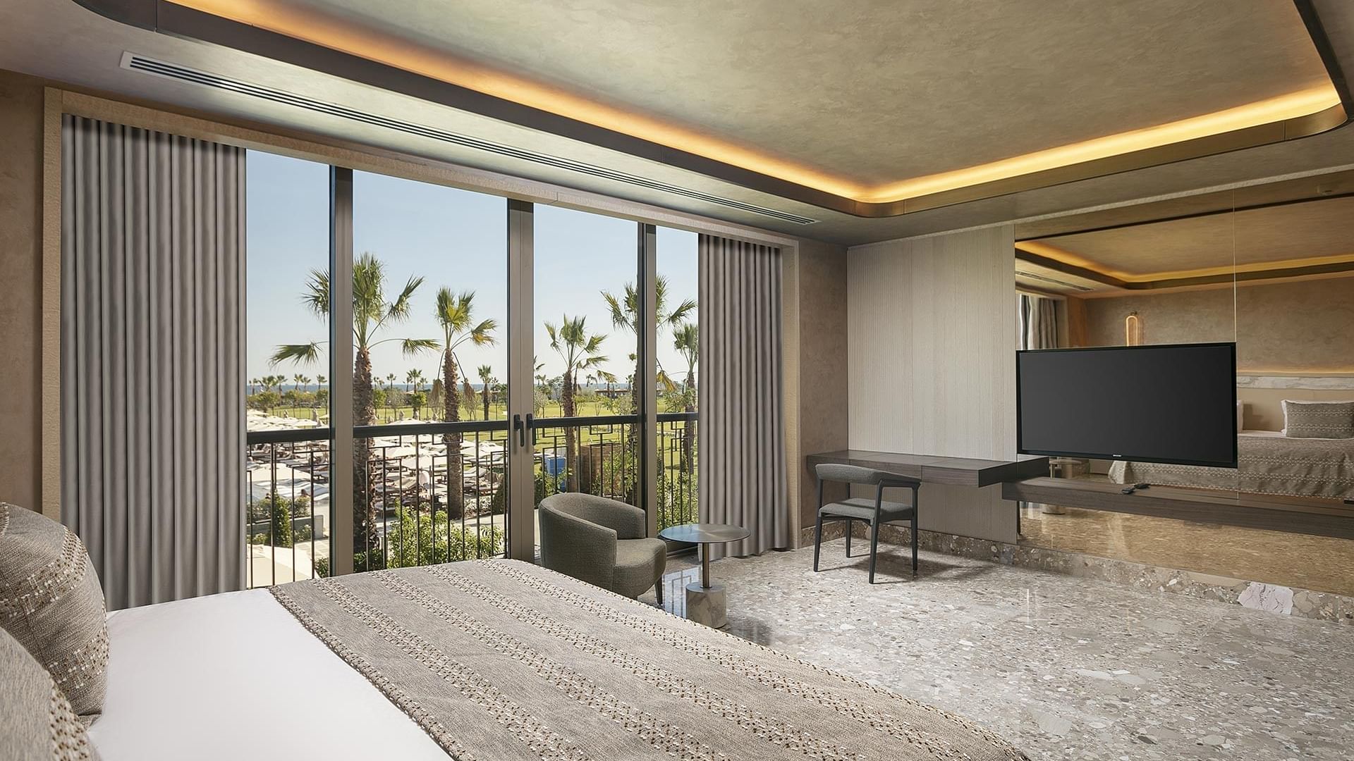 TV facing the bed in Exclusive Villa with view of outdoors at Cullinan Belek