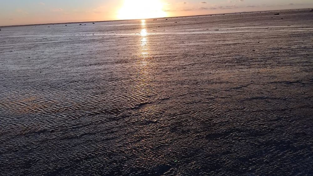 Sunset over the ocean with reef walking at Tambua Sands Beach Resort in Sigatoka.