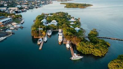 Boats docked at the private island resort at Barefoot Cay Resort & Marina