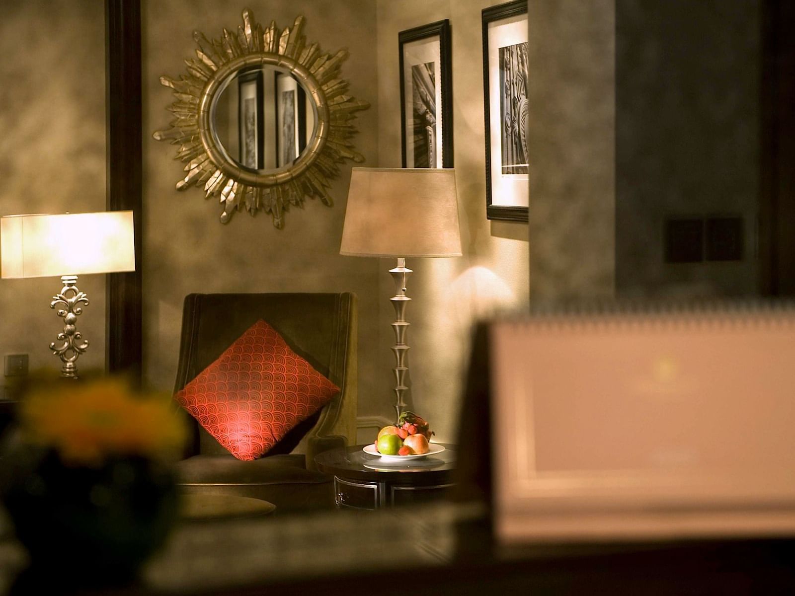 Table lamp & fruit plate in the lobby at Yangtze Boutique Hotel