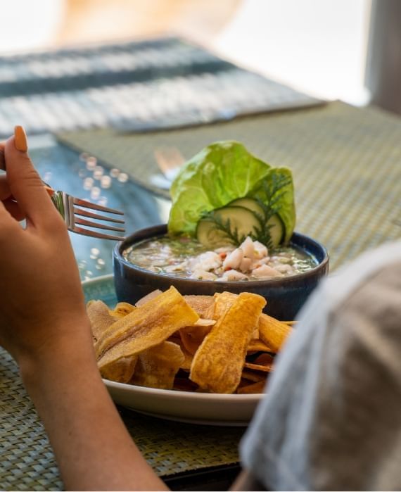 Tazón de sopa y papas fritas servidos en Sloth Snack Bar en Jungle Vista Boutique Hotel