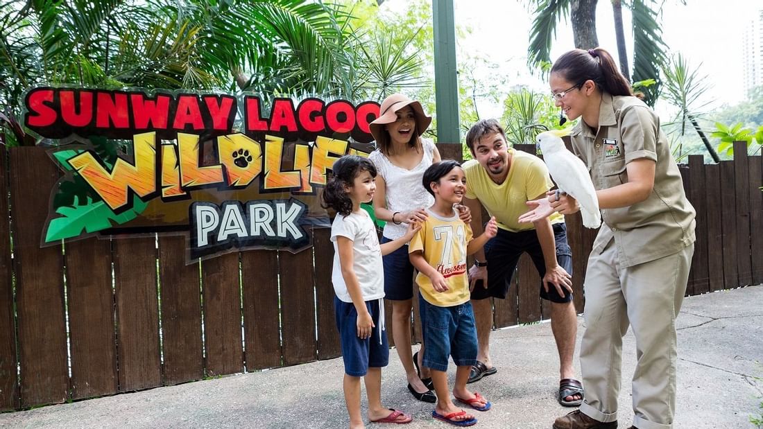 A zookeeper shows a bird to visitors near Sunway Lagoon Hotel