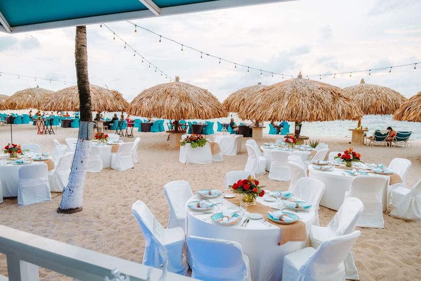 Beachside dining area with thatched umbrellas at Passions on the Beach