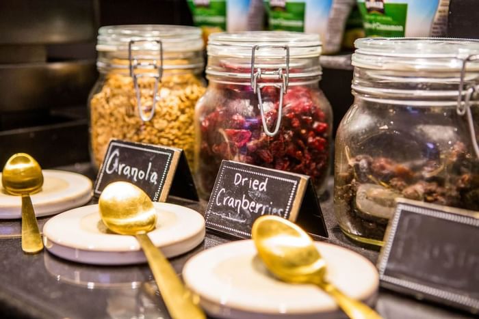 Close-up of breakfast Granola served at Backstage at the Verb