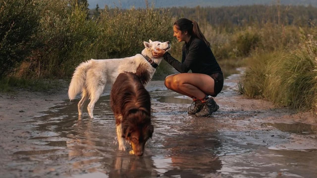 A person stoops to pet their dog while on a muddy hiking trail near Canmore.