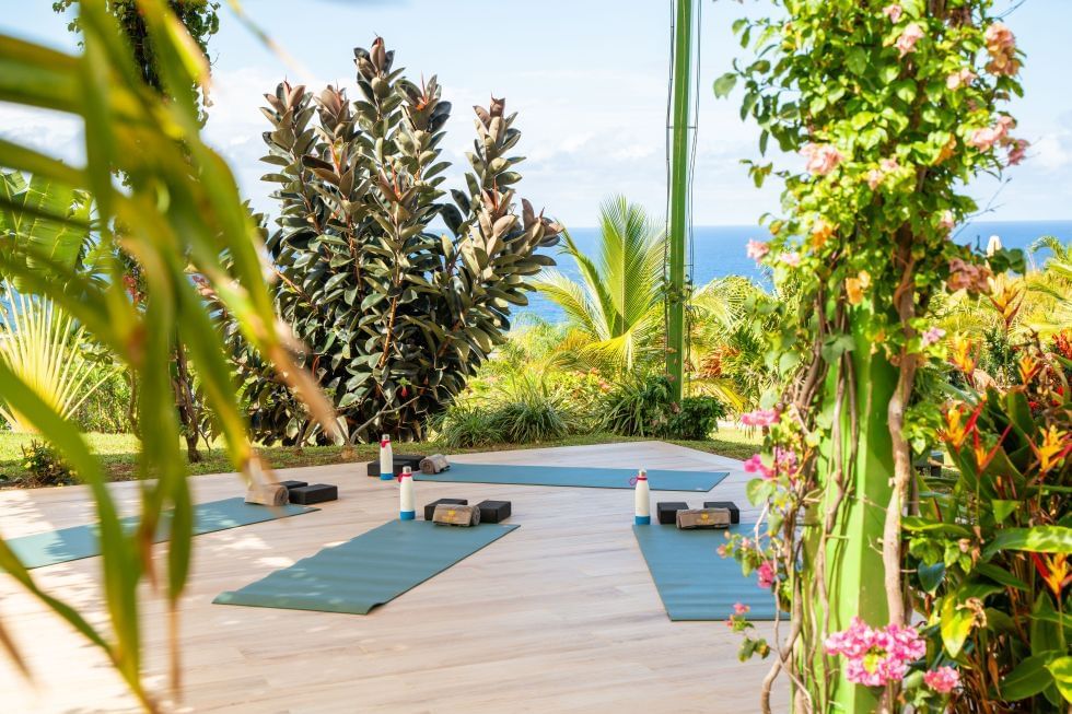 Yogamatten en blokken opgesteld in de buitenlucht, omringd door groen en met uitzicht op de oceaan bij Golden Rock Resort