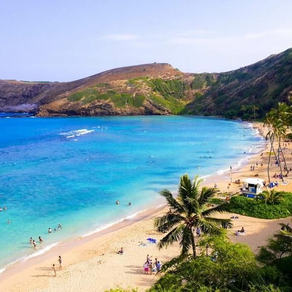 Aerial view of Hanauma Bay on a sunny day near Waikiki Resort Hotel by Sono