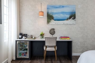 desk with ocean painting on wall