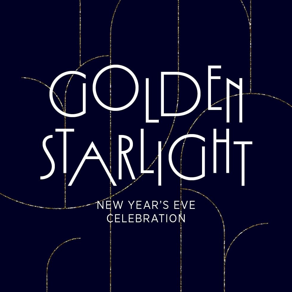 Plakat Golden Starlight New Year's Eve Celebration s geometrijskim dizajnom i zlatnim elementima.