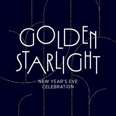 Plakat für die Silvesterfeier "Golden Starlight" mit goldenen und weißen Mustern auf dunkelblauem Hintergrund.