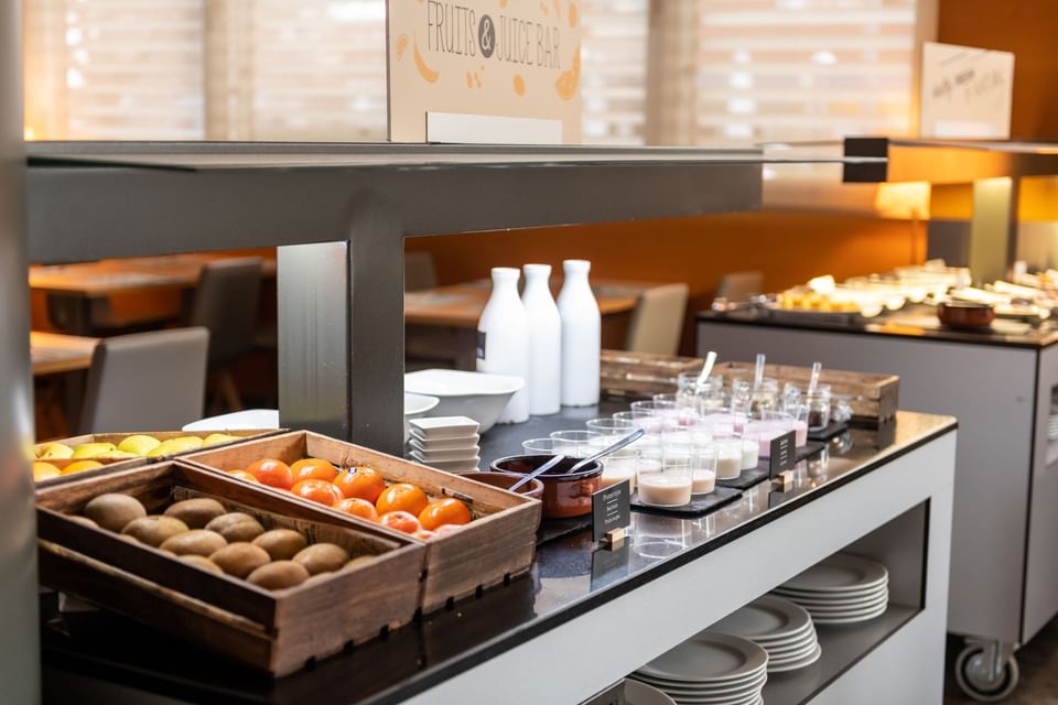 Variety of fruits in the Juice bar in a restaurant at Hotel Vila Centric