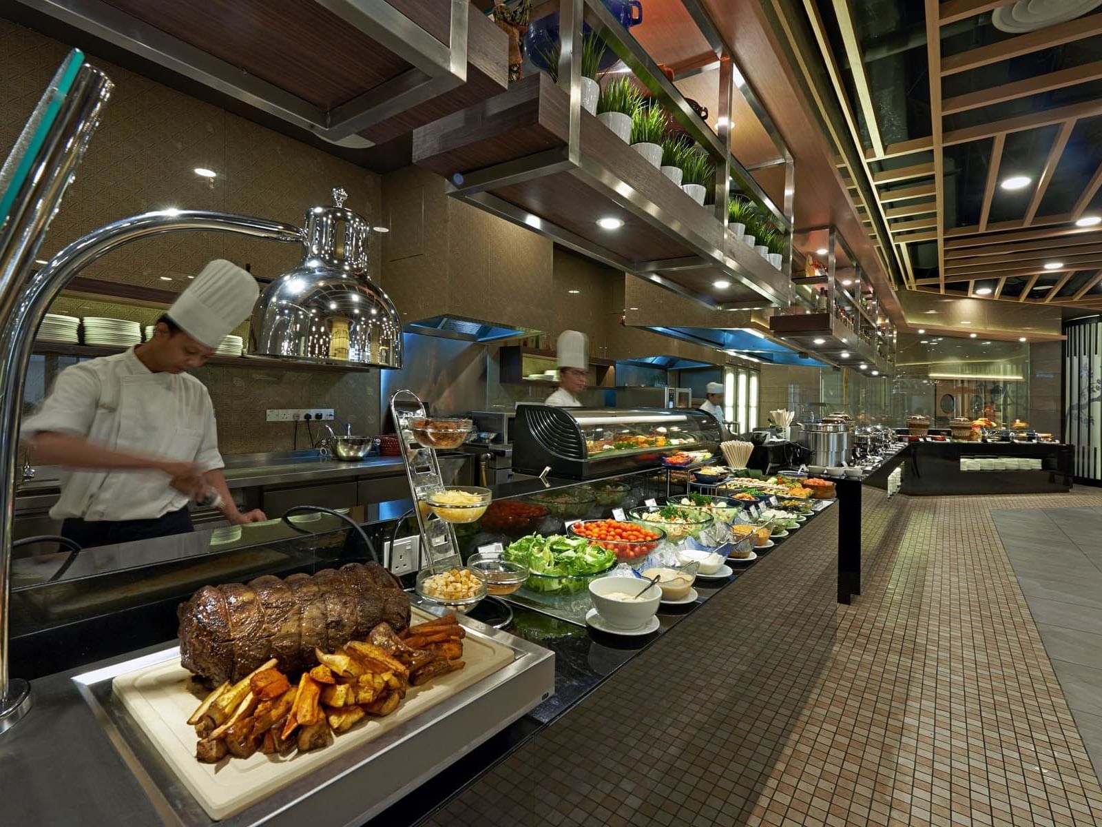 Closeup on buffet of a restaurant at Gardens hotels & residence