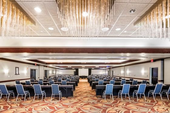 Classroom table set-up in the Grand Slam Ballroom at Miami Lakes Hotel