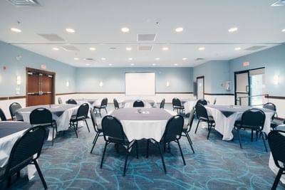 Cabaret-type tables in Summit Room A & B at Aava Whistler Hotel