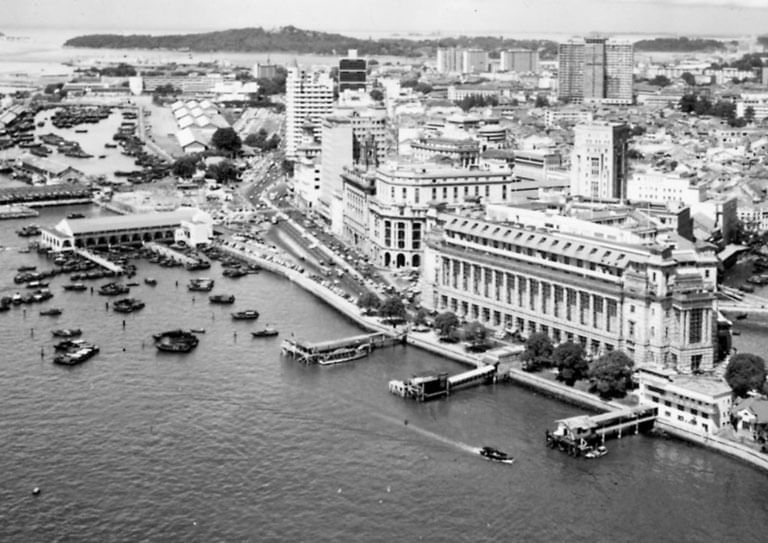Grayscale aerial view of The Fullerton Hotel Singapore
