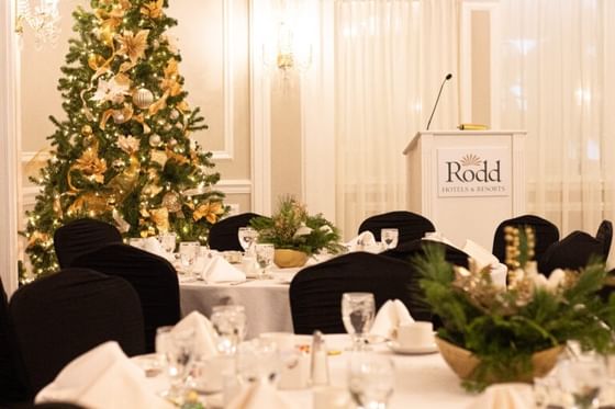 Decorated Christmas tree standing beside a banquet table setup with a podium at Rodd Hotels & Resorts