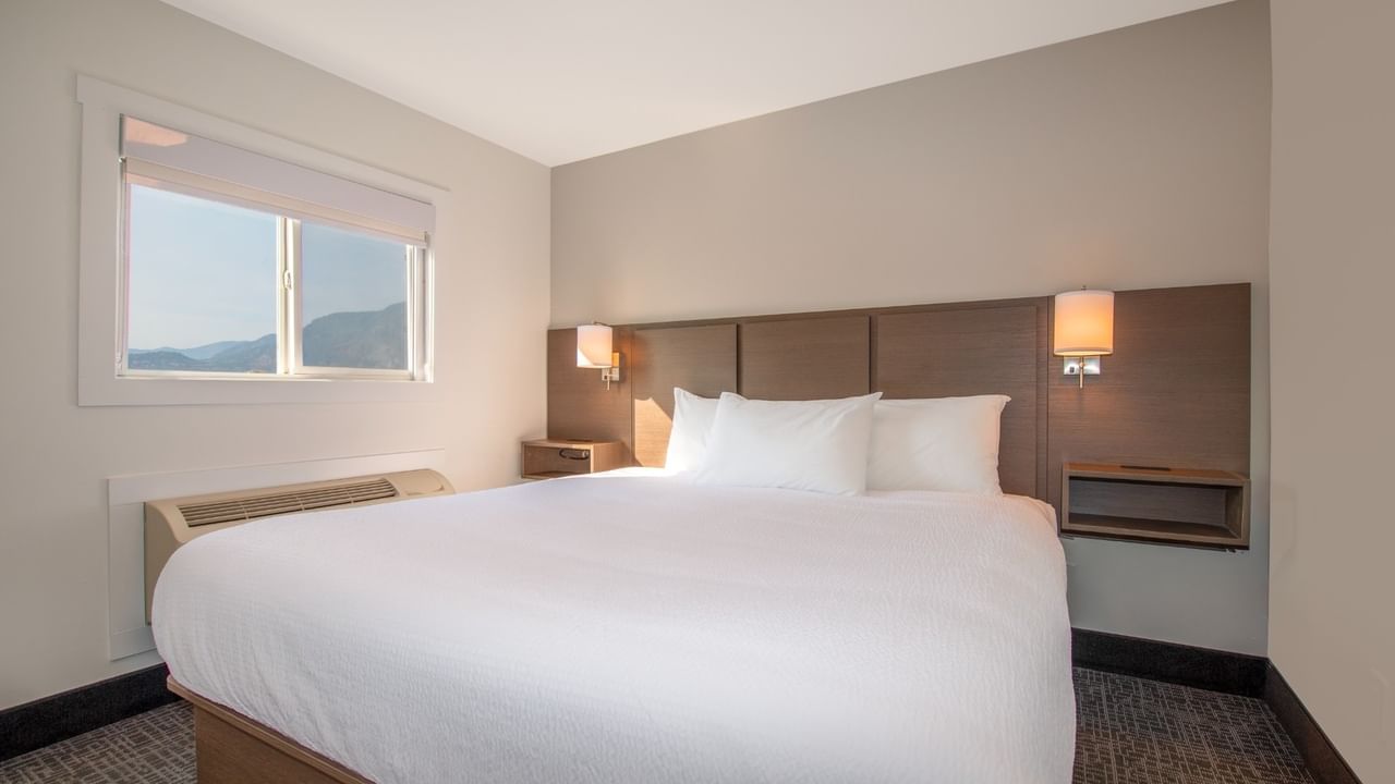 A hotel room with a large bed, two lamps, and a window.