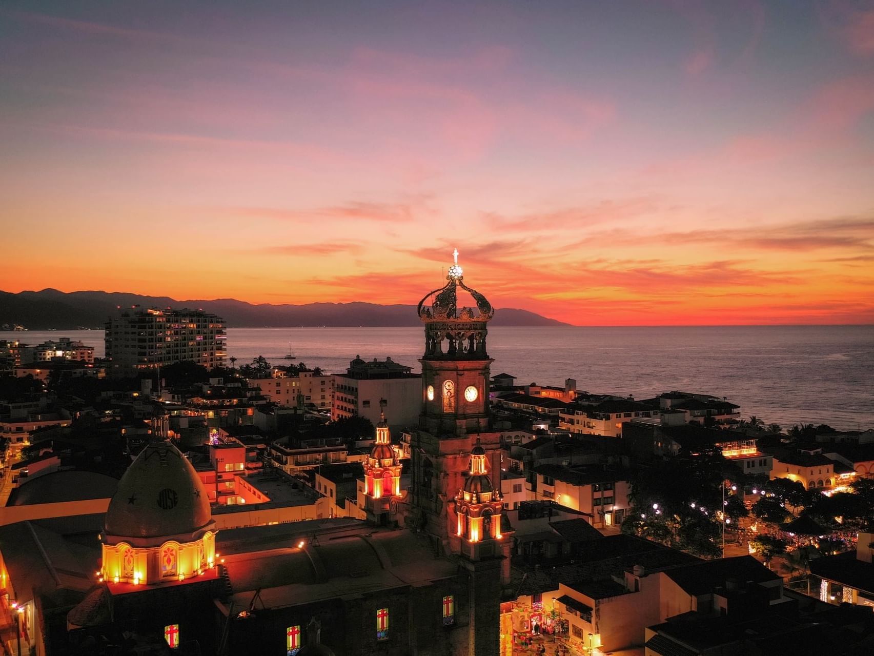 Night view of the Church of Our Lady of Guadalupe near Plaza Pelicanos Grand Beach Resort