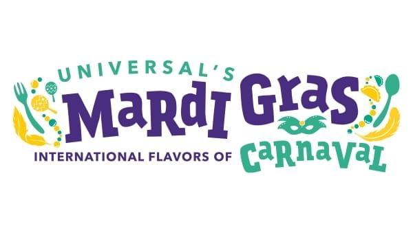 The logo for Universal's Mardi Gras International Flavors of Carnaval event with icons of green and yellow beads, feathers, maracas, and a fork and spoon.