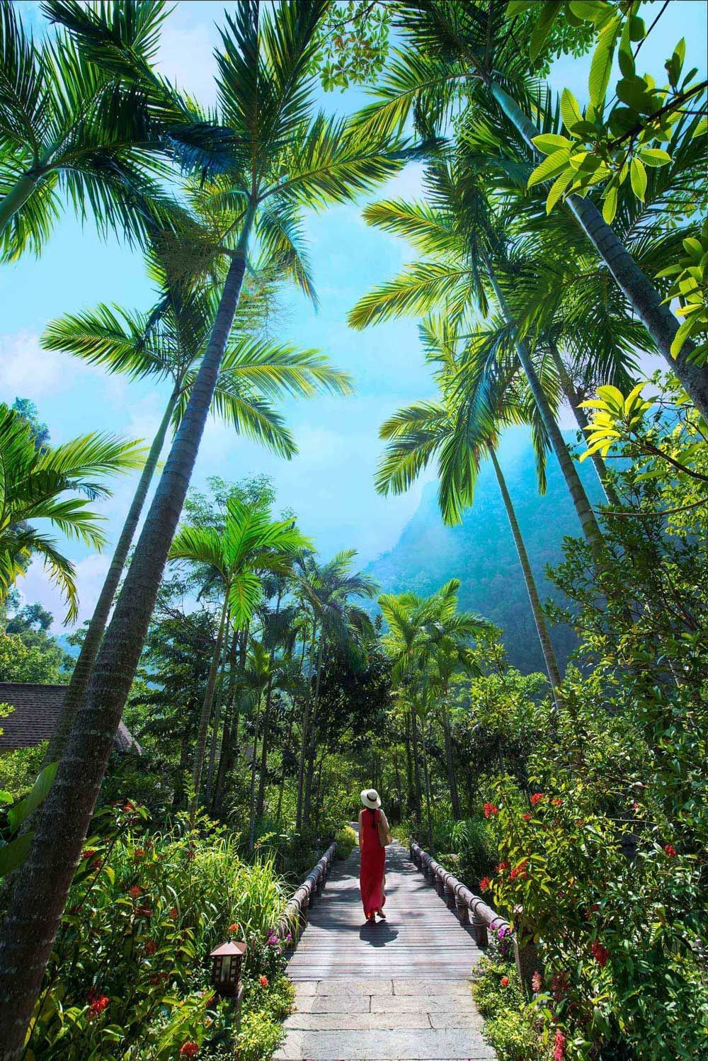 Lady on a pathway alongside tall coconut trees at The Banjaran Hotsprings Retreat