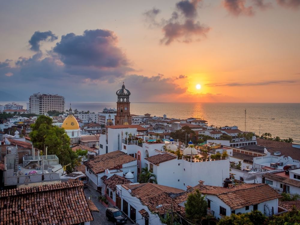 Puerto Vallarta distant view at sunset, La Colección Resorts