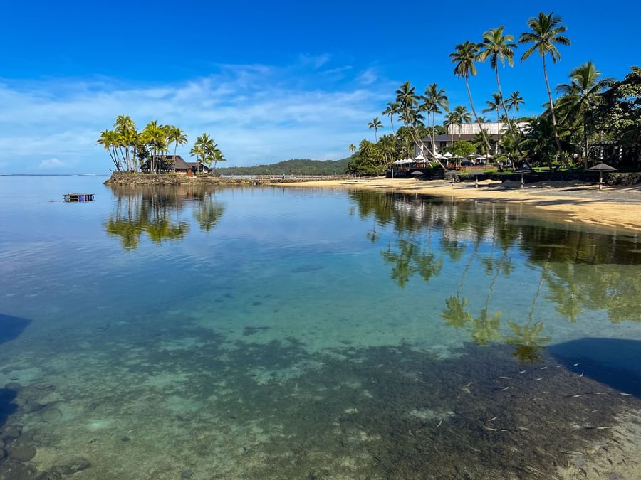 Clear blue water and sandy beach with palm trees at Warwick Fiji Resort and Spa.