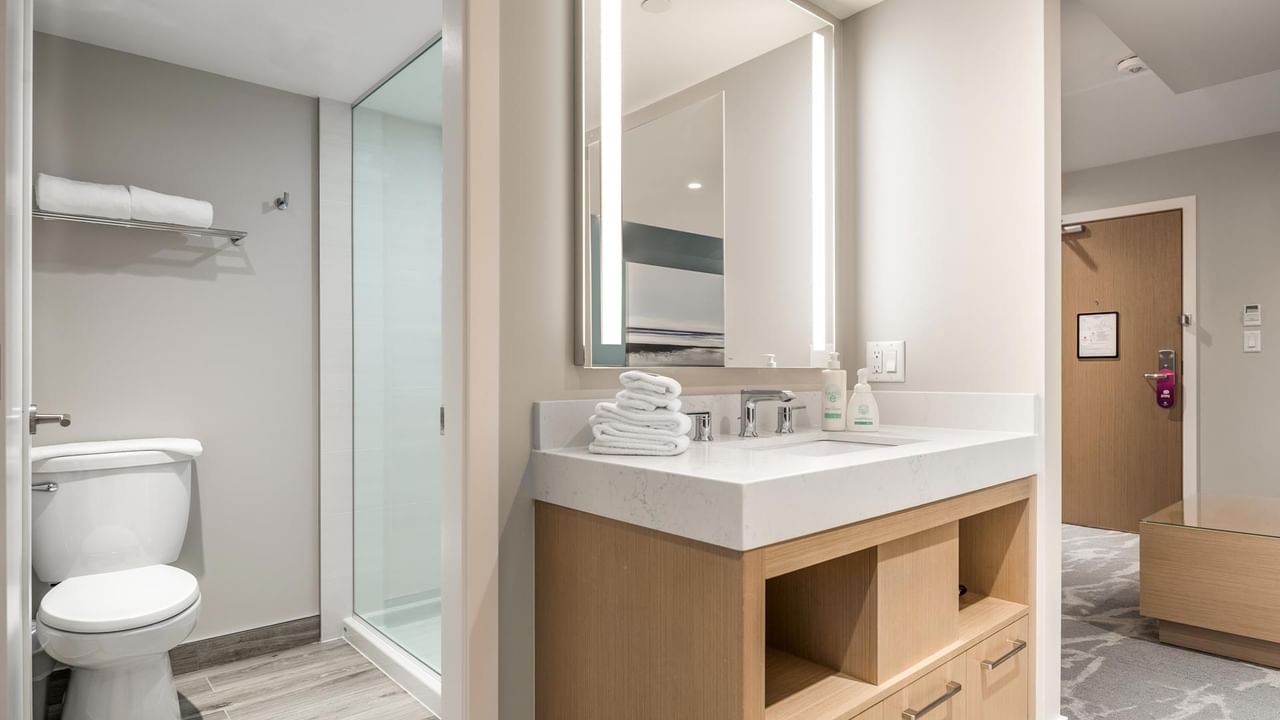 View of the bathroom, featuring walk-in shower