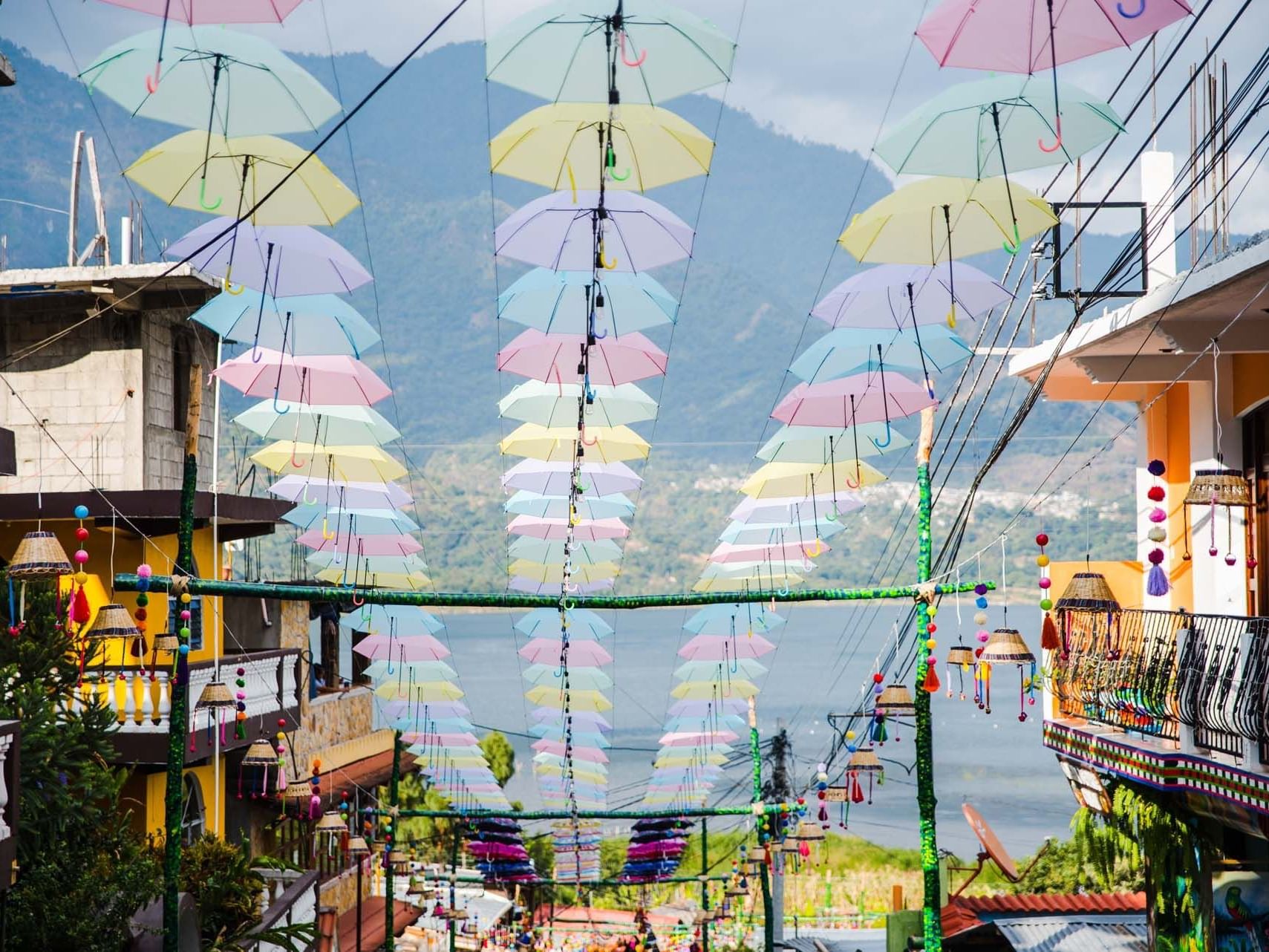 Umbrella décor on San Juan la Laguna street near Hotel Atitlan