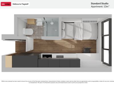 Floor plan of a 13m² Standard Studio Apartment at UniLodge Melbourne Flagstaff.