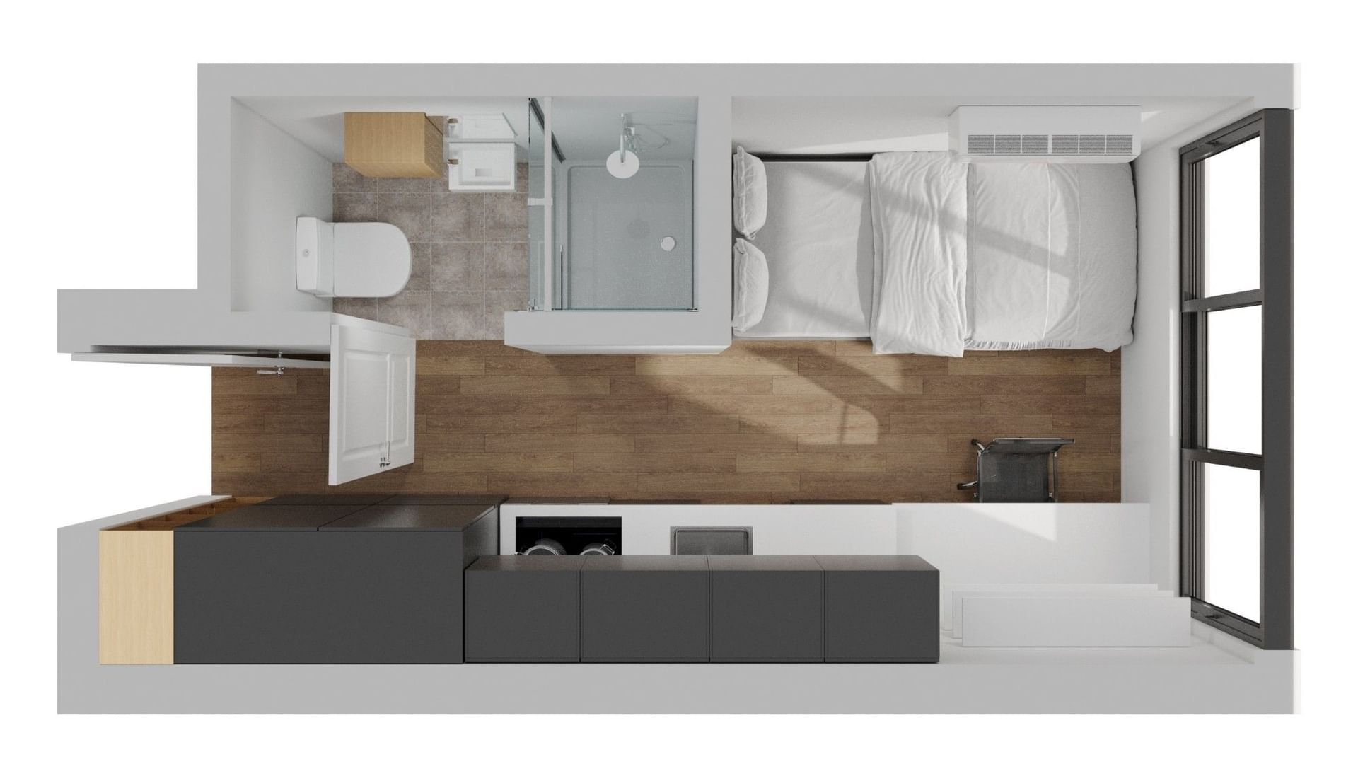 Floor plan of a 13m² Standard Studio Apartment at UniLodge Melbourne Flagstaff.