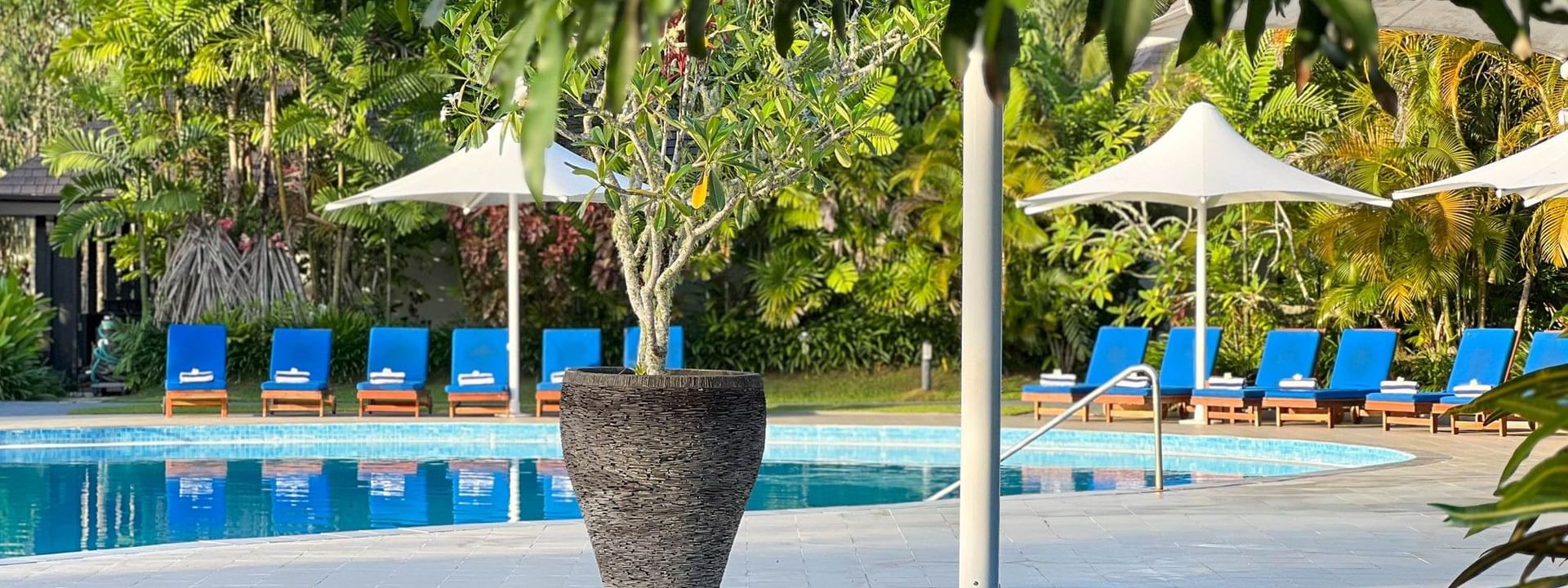 Lounge chairs surround the swimming pool at The Naviti Resort in Korolevu