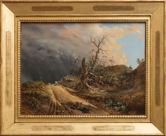 An ancient mural featuring a stormy road flanked by trees at Bettoja Hotels Group