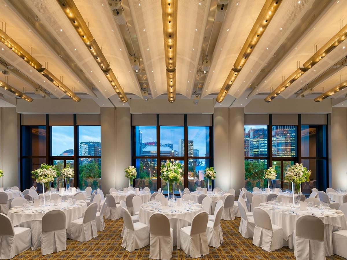 Banquet tables arranged in River Room at Crown Hotel Melbourne