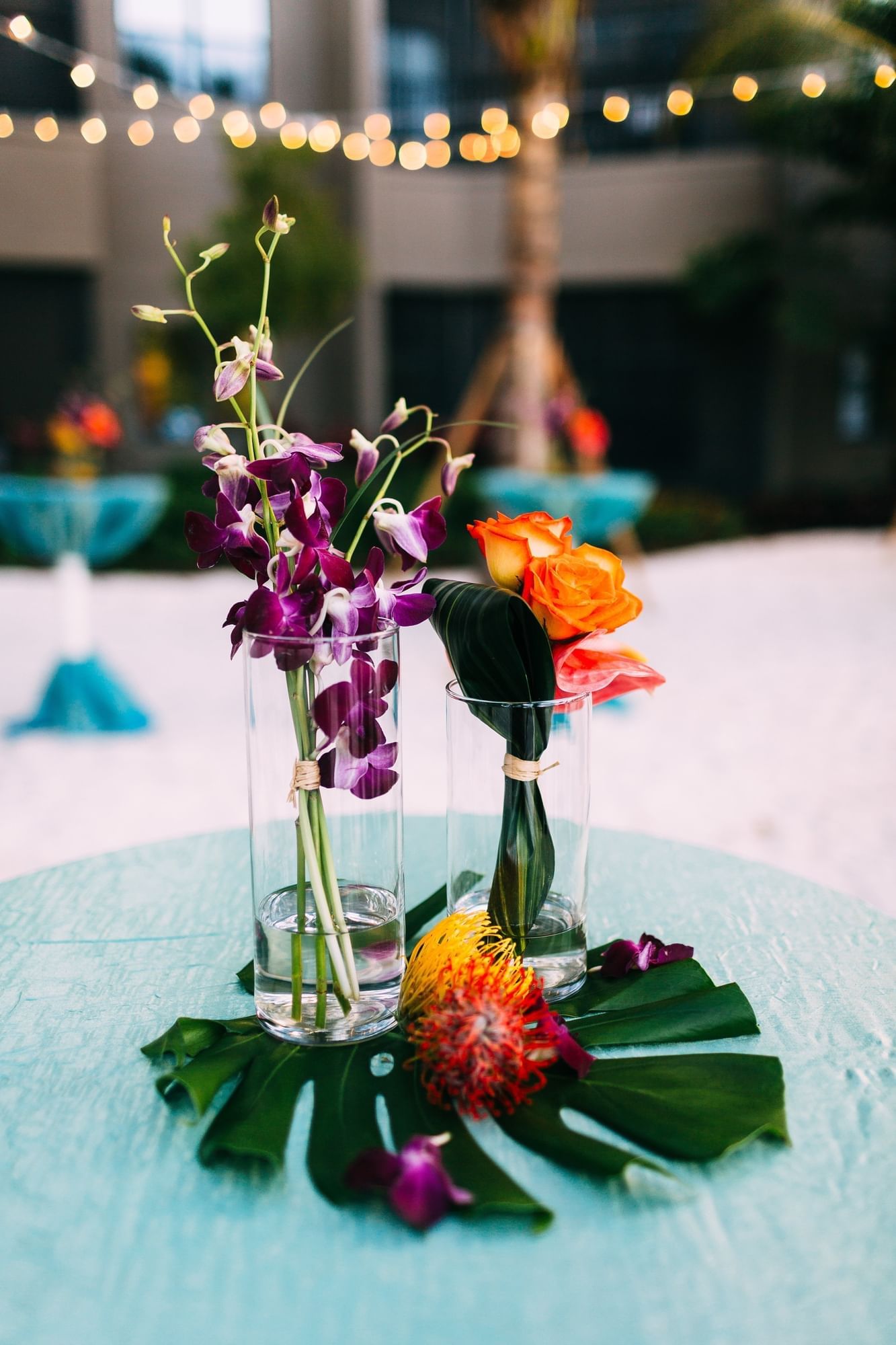 Close-up of a table decoration with fresh flowers at The Grove Resort and Water Park