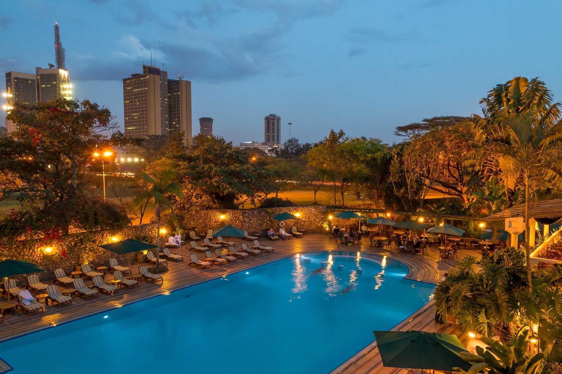 A Distant view of sunbeds by the pool at Nairobi Serena Hotel